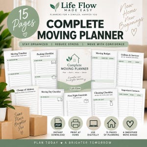 Könnte beinhalten: Ein 15-seitiger digitaler Umzugsplaner mit dem Titel Complete Moving Planner, der Abschnitte für Zeitpläne, Packlisten, Budget, Versorgungsunternehmen, Adressänderungen und wichtige Kontakte enthält, gestaltet in Grün und Weiß.