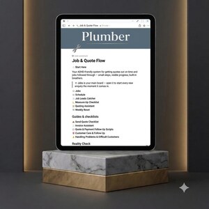 May include: A tablet displaying a digital workflow dashboard titled Plumber Job & Quote Flow. The screen shows a list of organisational categories including Jobs, Schedule, Job Leads Catcher, Measure-Up Checklist, Quoting Assistant, and Weekly Reset.
