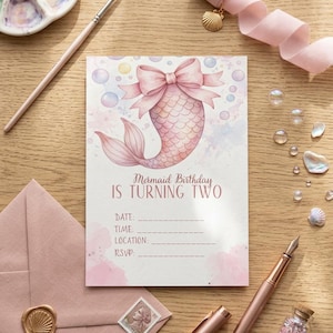 2nd Birthday Invite Bundle Pink Bow | Editable Canva Template | Coquette Girl Birthday Invitation | Fairy Mermaid Princess