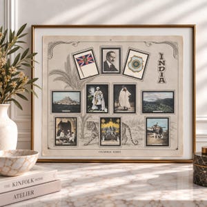 May include: A framed vintage-style print titled INDIA featuring a collection of historical images including a flag, a portrait, a crest, and scenes of people, landscapes, and a tiger. The print includes the text CIGARROS SUSINI at the bottom.