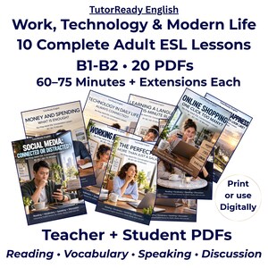 Può includere: Una raccolta di 20 piani di lezione in PDF intitolati TutorReady English: Work, Technology & Modern Life. Il materiale include 10 lezioni complete di inglese per adulti di livello B1-B2, con attività di lettura, vocabolario e conversazione.