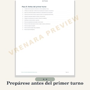 May include: A digital document titled Vrenara Kit para Contratar a un Cuidador Particular, featuring a checklist labeled Paso 8: Antes del primer turno. The page includes a list of tasks for hiring a caregiver, with a watermark reading VRENARA PREVIEW.