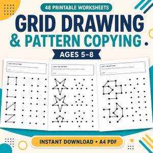 Könnte beinhalten: Ein Set aus 48 druckbaren Arbeitsblättern mit dem Titel Grid Drawing & Pattern Copying für 5- bis 8-Jährige. Die Seiten zeigen schwarze Punkteraster mit geometrischen Formen zum Nachzeichnen, bereitgestellt als A4-PDF zum sofortigen Download.