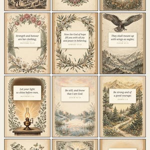 Könnte beinhalten: Eine Sammlung von zwölf rechteckigen Wandkunstdrucken mit Illustrationen im Vintage-Stil und biblischen Versen. Jeder Druck zeigt einzigartige Motive wie Landschaften, Blumenkränze, einen Adler, eine Lampe und eine Taube mit schwarzem Text.