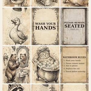 Könnte beinhalten: Ein Set aus zwölf Wandbildern zum Thema Badezimmer mit sepiafarbenen Illustrationen von Tieren wie einem Hochlandrind, Frosch, Schwein, Ente, Bär, Katze, Waschbär und Elefanten sowie Schildern mit Texten wie Wash Your Hands und Bathroom Rules.