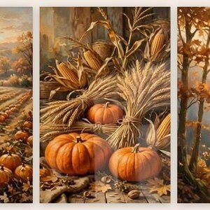Könnte beinhalten: Ein dreiteiliges Wandbild-Set mit Herbstmotiven. Das linke Paneel zeigt ein Kürbisfeld mit einem Haus in der Ferne. Das mittlere Paneel zeigt geernteten Mais und Kürbisse. Das rechte Paneel stellt einen Wald mit goldenem Laub dar.