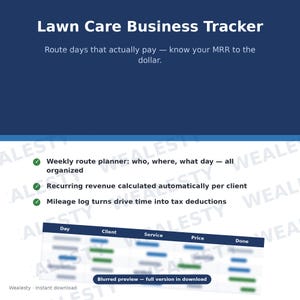 May include: A digital Lawn Care Business Tracker template with a dark blue header and white text. It features a weekly route planner, recurring revenue calculator, and mileage log. A blurred table preview shows columns for Day, Client, Service, Price, and Done.