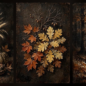 Könnte beinhalten: Ein dreiteiliges Wandbild-Set bestehend aus drei Paneelen: einer Tonvase mit Weizen und Kürbissen, einer Ansammlung herbstlicher Ahorn- und Eichenblätter mit Eicheln sowie einem sonnendurchfluteten Waldweg mit herbstlichem Laub.