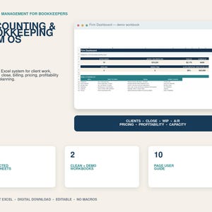 Könnte beinhalten: Ein Excel-basiertes Betriebssystem für Buchhaltungsfirmen mit Dashboard-Oberfläche, 18 verknüpften Arbeitsblättern, 2 sauberen Demo-Arbeitsmappen und einem 10-seitigen Benutzerhandbuch für die Verwaltung von Kunden, Abrechnung und Planung.