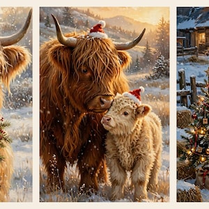 Könnte beinhalten: Ein Triptychon von Hochlandrindern in einer verschneiten Landschaft. Das erste Bild zeigt ein Rind mit einem Tannenkranz. Das zweite zeigt ein Rind und ein Kalb mit Weihnachtsmützen. Das dritte zeigt ein Rind mit Lichterkette am Geweih.