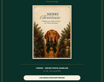 Vizsla Christmas Card Printable, Green Bow Design, 5x7 Instant Download