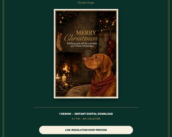 Vizsla Christmas Card Printable, Fireside Design, 5x7 Instant Download