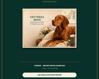 Vizsla Get Well Card Printable, Comforting Dog Design, 7x5 Download