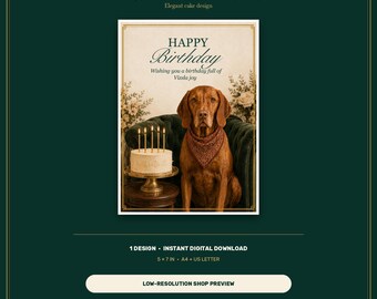 Vizsla Birthday Card Printable, Elegant Cake Design, 5x7 Instant Download