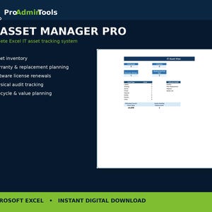 Puede incluir: Un sistema digital de seguimiento de activos informáticos para Microsoft Excel titulado IT ASSET MANAGER PRO. La interfaz presenta un fondo azul oscuro con detalles en verde, enumerando herramientas de inventario y auditoría.
