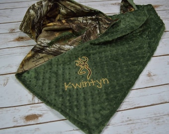 Baby Boy Blanket, Real Tree Camo and Hunter Green Minky, Personalized Minky Blanket