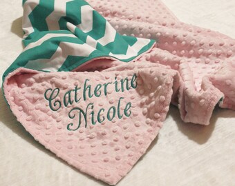 Chevron Blanket Personalized Minky Blanket, Chevron Baby Blanket, Pink and Aqua Minky blanket