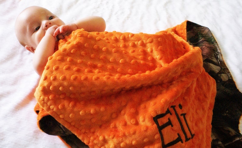 Baby Boy Blanket Real Tree Camo and Orange Minky Personalized Minky Blanket