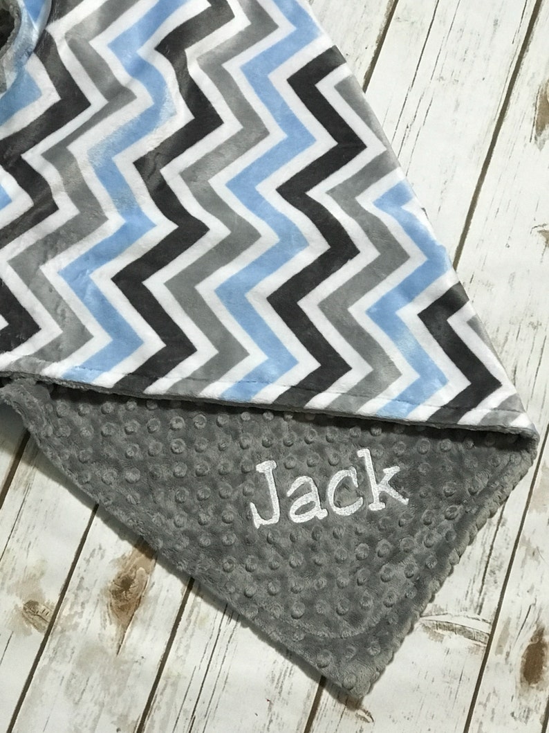 Blue and Grey Chevron and Minky blanket Chevron Baby Blanket Double MINKY Chevron Blanket Personalized Minky Blanket