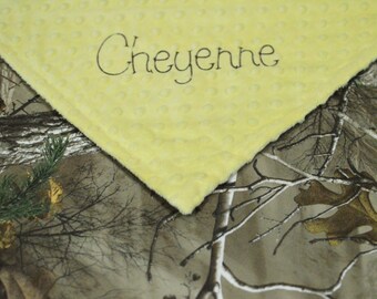 Baby Blanket, Real Tree Camo and Yellow Minky, Personalized Minky Blanket