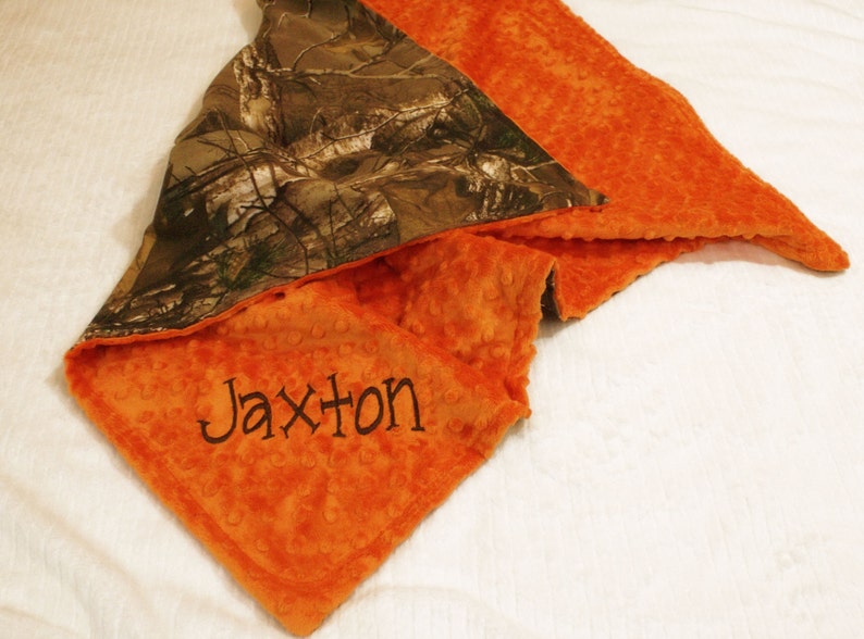 Baby Boy Blanket Real Tree Camo and Orange Minky Personalized Minky Blanket