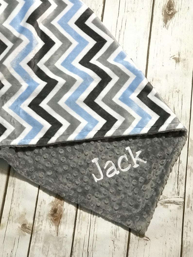 Blue and Grey Chevron and Minky blanket Chevron Baby Blanket Double MINKY Chevron Blanket Personalized Minky Blanket