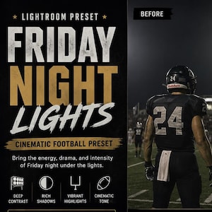 Op de afbeelding: Een digitale Lightroom-presetadvertentie getiteld Friday Night Lights met een footballspeler in een zwart uniform, een bruine football, een scorebord met 7:43 en een close-up van een speler met helm, met voor- en na-effecten.