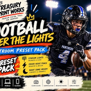 Könnte beinhalten: Ein digitales Lightroom-Preset-Paket mit dem Titel Football Under The Lights, das einen Footballspieler in schwarzer Uniform mit der Nummer 4 zeigt. Die Grafik enthält Text, Symbole für Desktop und Mobilgeräte sowie Beschreibungen für drei Presets: Stadium Lights, Friday Night Punch und Night Game Moody.
