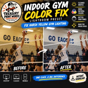 Op de afbeelding: Een advertentie voor een Lightroom-voorinstelling genaamd Indoor Gym Color Fix. De afbeelding toont een gesplitst scherm met een volleybalwedstrijd, met een geelgetinte voor-kant en een gecorrigeerde na-kant, inclusief tekst en iconen.
