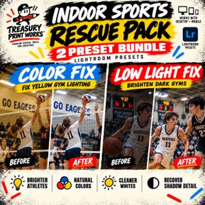 以下が含まれることがあります： 2つのLightroomプリセットを含むIndoor Sports Rescue Packのデジタル製品広告。バレーボールとバスケットボールの写真のビフォーアフター比較が表示されており、色補正と低照度調整の効果が強調されています。
