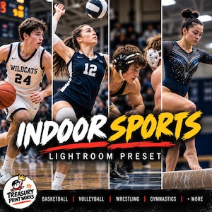 Könnte beinhalten: Ein zusammengesetztes Bild mit vier Hallensportarten: ein Basketballspieler im weißen Trikot, eine Volleyballspielerin im dunkelblauen Trikot, zwei Ringer mit Kopfschutz und eine Turnerin auf dem Schwebebalken, mit dem Text INDOOR SPORTS LIGHTROOM PRESET.