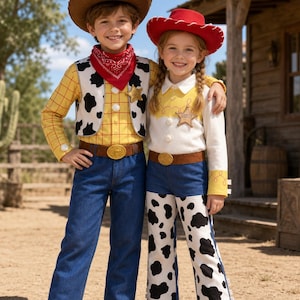 May include: Two children wearing cowboy-themed costumes. One wears a brown hat, yellow plaid shirt, black and white cow-print vest, red bandana, and blue jeans. The other wears a red hat, white shirt with yellow accents, a sheriff badge, and cow-print trousers.