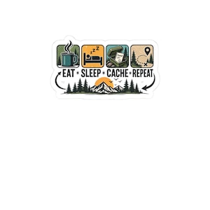 May include: A die-cut sticker featuring four square icons depicting a coffee mug, a person sleeping, an open geocache container with a logbook, and a map with a location pin. Below, the text reads EAT SLEEP CACHE REPEAT above a mountain forest scene.