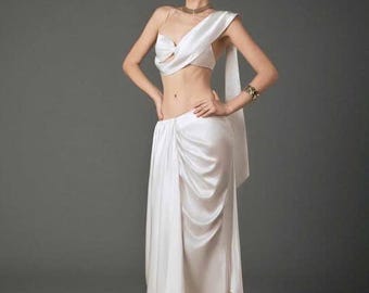 Two Piece Silk Wedding Dress, Ivory Satin Crop Top and Maxi Skirt Set