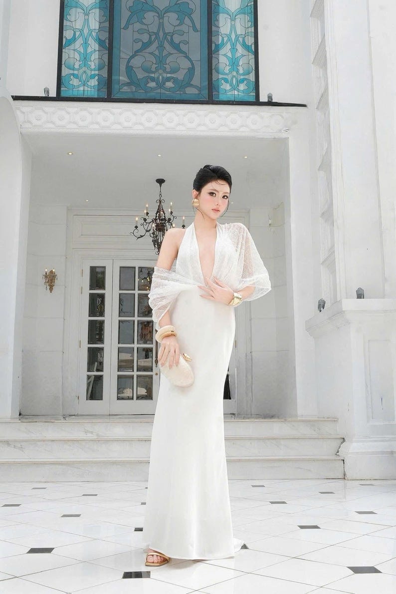 Plunging Halter Wedding Dress With Lace Cape, Backless Ivory Silk