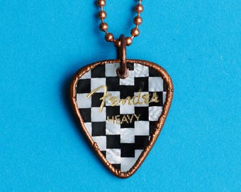 Checkered Copper Electroformed Guitar Pick Necklace