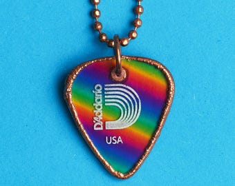 Rainbow Copper Electroformed Guitar Pick Necklace