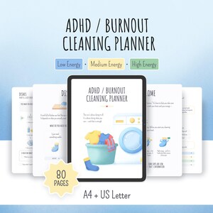 Könnte beinhalten: Ein digitaler ADHD- und Burnout-Reinigungsplaner auf einem Tablet-Bildschirm mit 80 Seiten in A4 und US Letter. Das Cover zeigt einen Wäschekorb, eine Waschmaschine und Text. Enthält Energie-Level-Indikatoren für niedrig, mittel und hoch.