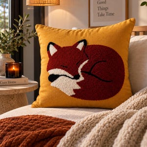 Fox Punch Needle Pillow Cover 17x17, Sleeping Fox Throw Pillow, Woodland Animal Cushion, Fall Autumn Home Decor, Cottagecore Rustic Decor
