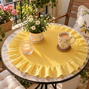 Yellow Round Table Runner 55cm, Ruffled Lace Table Topper, Cottagecore Linen Tablecloth, Farmhouse Spring Decor, Floral Table Accent