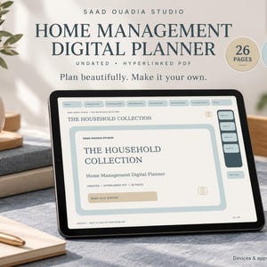 May include: A digital tablet displaying a home management digital planner titled The Household Collection by Saad Ouadia Studio. The screen shows a light blue and cream interface with navigation tabs, a 26-page indicator, and a free 6-page demo badge.