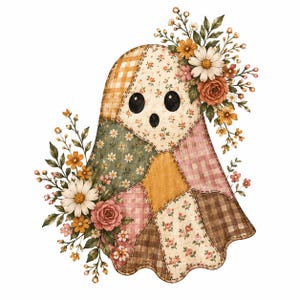 Vintage spook PNG, patchwork bloemen herfst shirt ontwerp, cottagecore Halloween digitale download