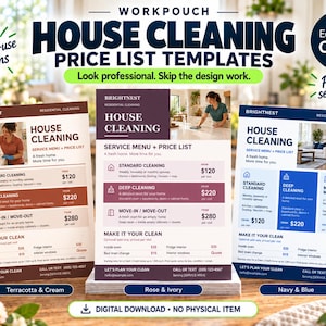 Peut inclure: Trois modèles de liste de prix pour le nettoyage de maison en terracotta, rose et bleu marine. Chaque modèle comprend une photo, un menu de services et les tarifs pour le nettoyage standard, en profondeur et lors d'un déménagement.