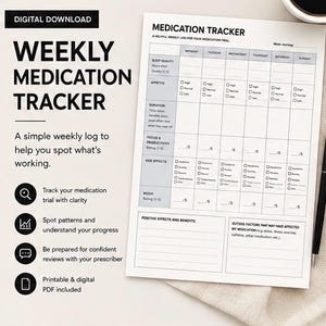 May include: A digital download weekly medication tracker log sheet featuring a grid layout with columns for days of the week and rows for tracking sleep quality, appetite, duration, focus, productivity, side effects, and mood, with additional sections for notes.
