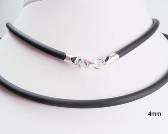 4mm Black Rubber Necklace Sterlng Silver 15, 16, 17, 18, 19, 20, or 24 inch Lobster Clasp Choker