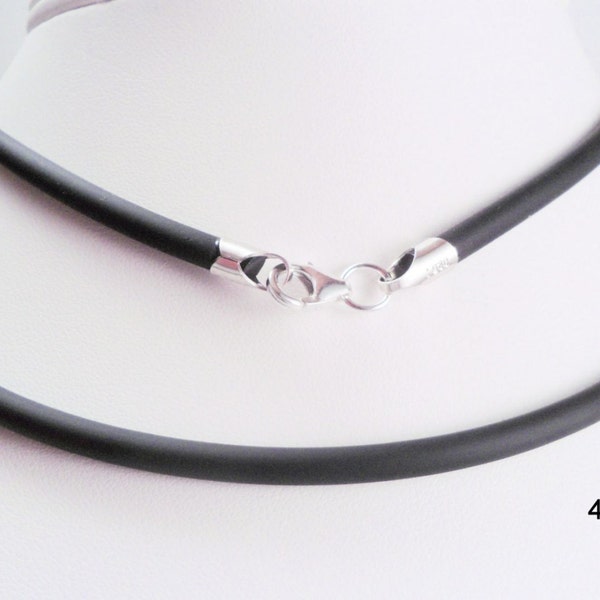 4mm Black Rubber Necklace Sterlng Silver 15, 16, 17, 18, 19, 20, or 24 inch Lobster Clasp Choker