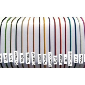May include: A color chart showing 17 different colors of cord. The colors are: black, lime, olive, dark green, sage, natural, caramel, brown, yellow, lavender, rust, orange, red, turquoise, blue, white, and pink.