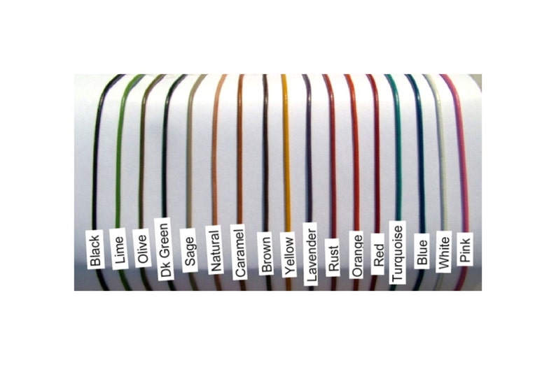 May include: A color chart showing 17 different colors of cord. The colors are: black, lime, olive, dark green, sage, natural, caramel, brown, yellow, lavender, rust, orange, red, turquoise, blue, white, and pink.
