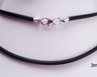 3mm black rubber cord necklace sterling silver ends & lobster clasp - you pick length