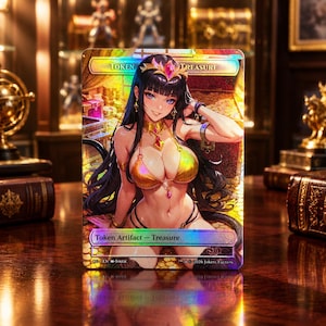 Könnte beinhalten: Eine rechteckige holografische Sammelkarte mit einer Anime-Figur mit langem schwarzem Haar, die einen goldenen Bikini und Schmuck trägt. Die Karte zeigt den Text TOKEN OF TREASURE oben und Token Artifact - Treasure am unteren Rand.